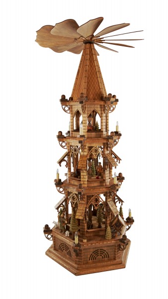 Gotikpyramide geschnitzte Fig., elektr., 3 Etagen, Höhe ca. 122 cm