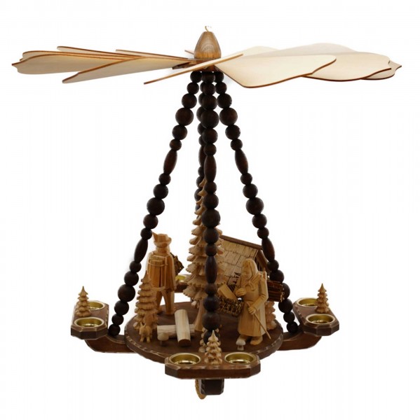Deckenpyramide groß, Dm 63 cm, Höhe ca. 62 cm, Natur, Waldleute mit Futterkrippe
