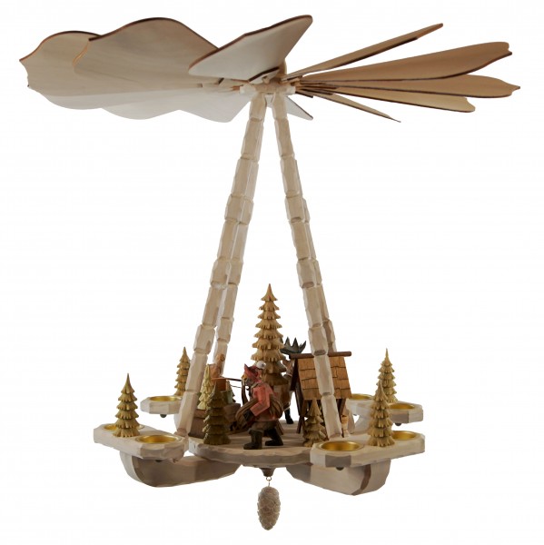 Deckenpyramide mittelgroß, Rentier - Schlitten, Dm 58 cm, Höhe ca. 53 cm, Schnitzkette grau/ weiß