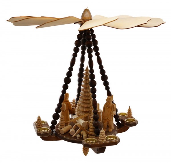Deckenpyramide groß, Dm 63 cm, Höhe ca. 62 cm, Natur, Waldleute mit Sägebock