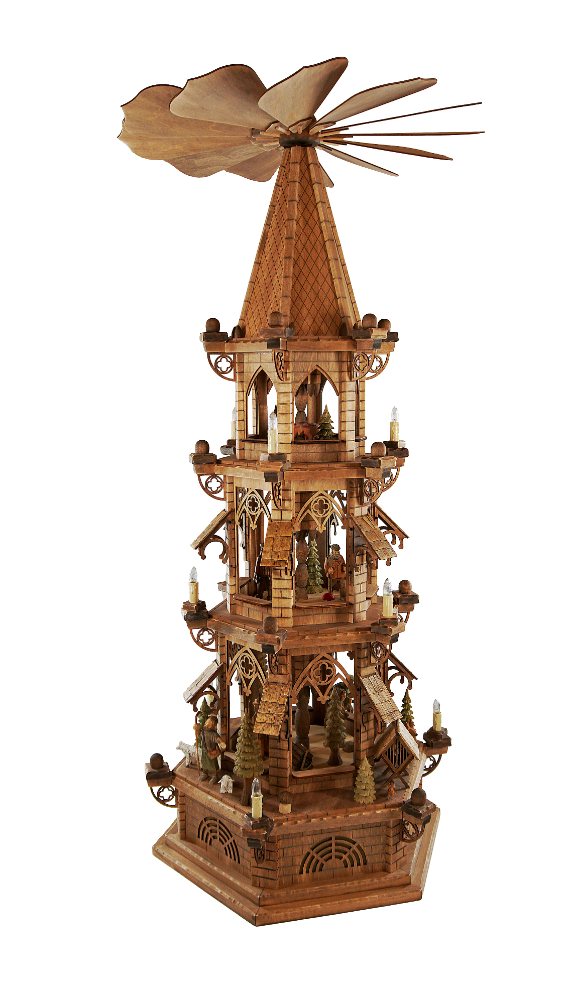 Gotikpyramide geschnitzte Fig., elektr.,  3 Etagen, Hhe ca. 122 cm, Nr.: 14.100-E | 1940,00 