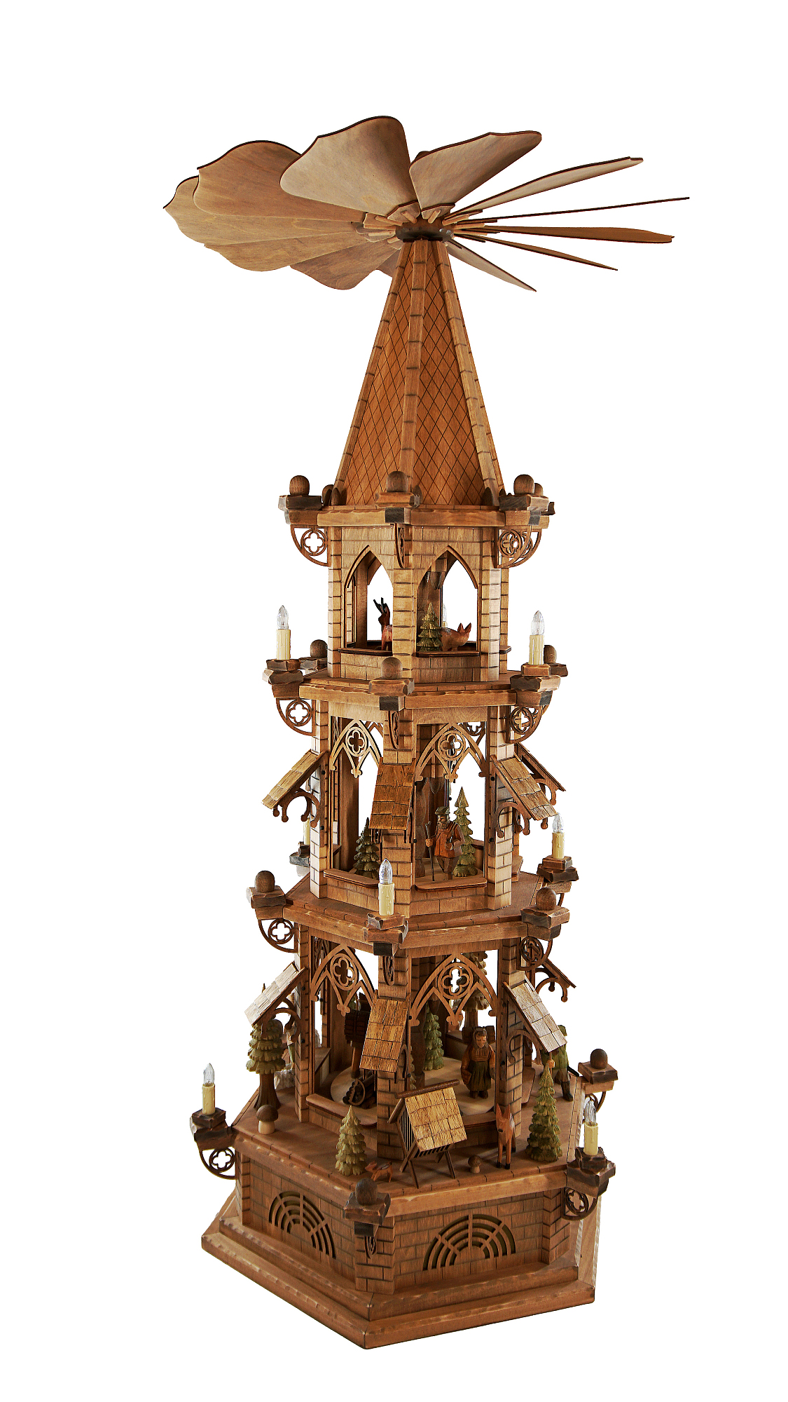 Gotikpyramide geschnitzte Fig., elektr.,  3 Etagen, Hhe ca. 122 cm, Nr.: 14.100-E | 1940,00 