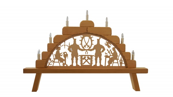 geschnitzte Schwibbgen klein, 7-flammig mit Birkenholz-Motiven